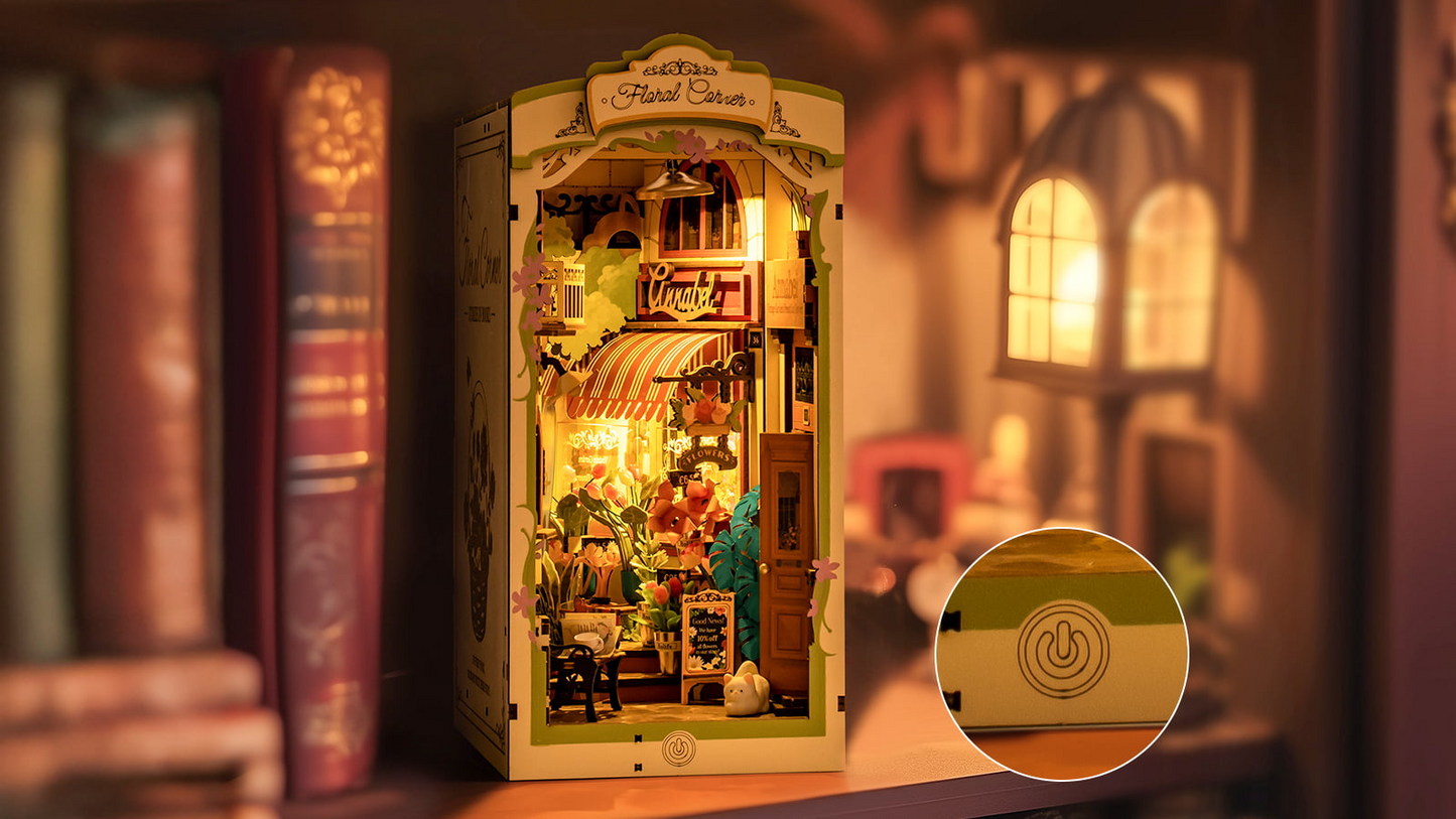 Rolife DIY Book Nook – Floral Corner Shelf Insert Kit | Wooden 3D Miniature Bookend, LED Home Décor & Gift for Readers