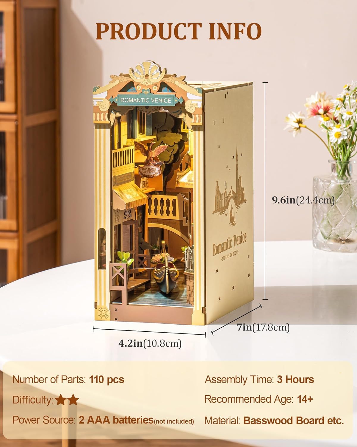 Robotime DIY Book Nook – Romantic Venice with Dust Cover | Wooden 3D Miniature Puzzle Bookend Kit with LED Lights
