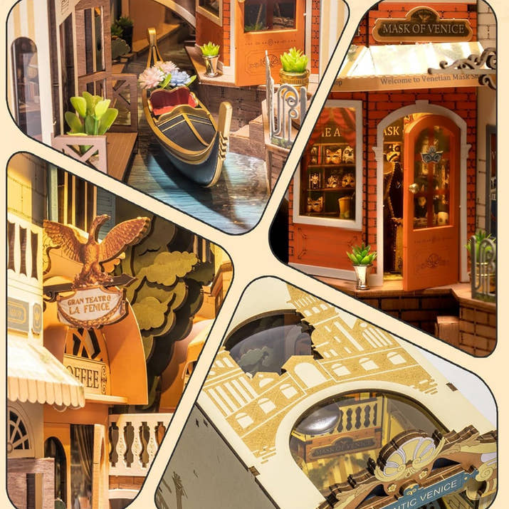 Robotime DIY Book Nook – Romantic Venice with Dust Cover | Wooden 3D Miniature Puzzle Bookend Kit with LED Lights