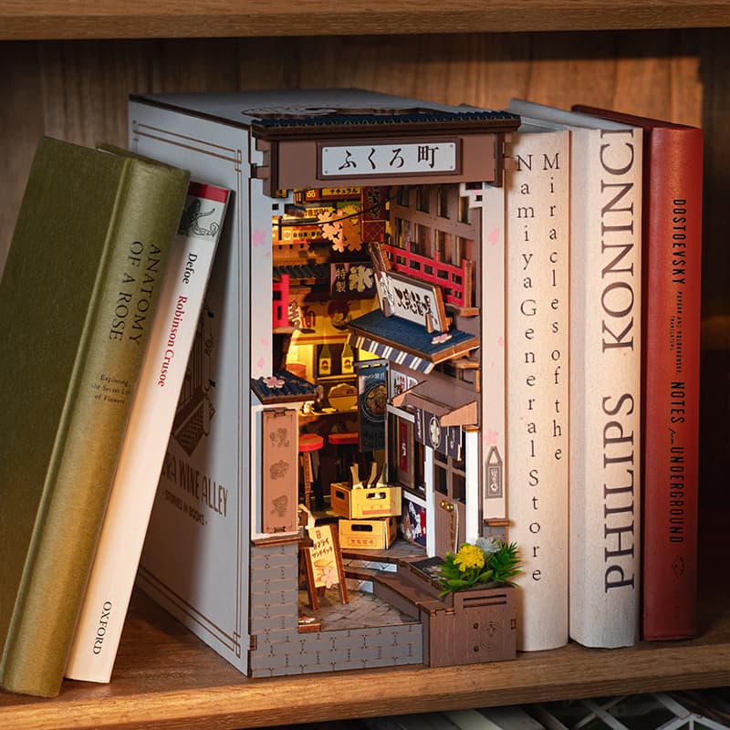Robotime DIY Book Nook Kit – Sakura Wine Alley with LED Lights | 3D Wooden Miniature Bookend Shelf Insert & Creative Gift