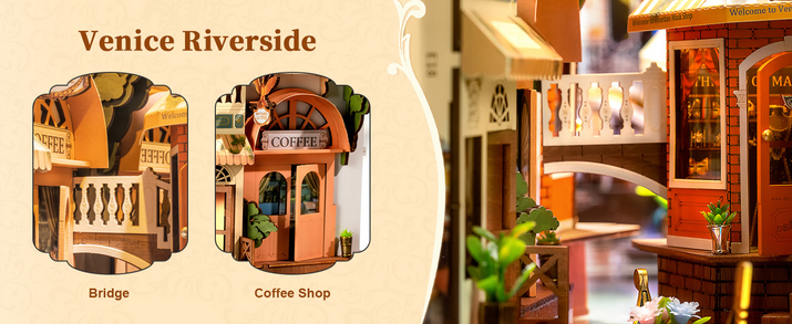 Robotime DIY Book Nook – Romantic Venice with Dust Cover | Wooden 3D Miniature Puzzle Bookend Kit with LED Lights