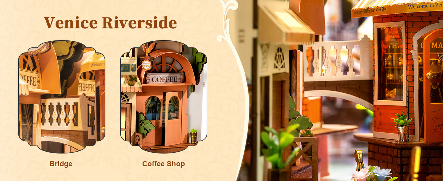 Robotime DIY Book Nook – Romantic Venice with Dust Cover | Wooden 3D Miniature Puzzle Bookend Kit with LED Lights