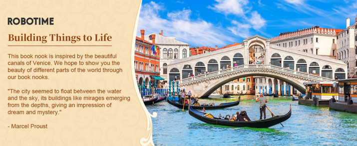 Robotime DIY Book Nook – Romantic Venice with Dust Cover | Wooden 3D Miniature Puzzle Bookend Kit with LED Lights