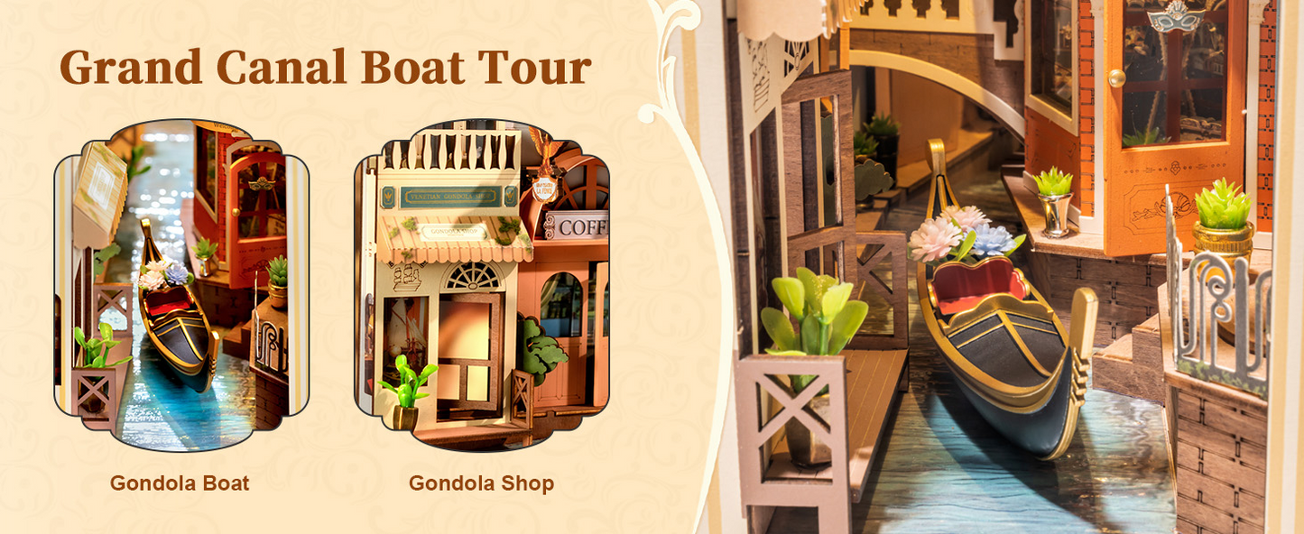 Robotime DIY Book Nook – Romantic Venice with Dust Cover | Wooden 3D Miniature Puzzle Bookend Kit with LED Lights