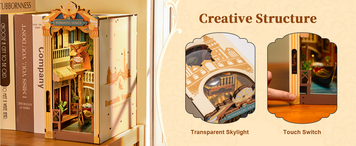 Robotime DIY Book Nook – Romantic Venice with Dust Cover | Wooden 3D Miniature Puzzle Bookend Kit with LED Lights