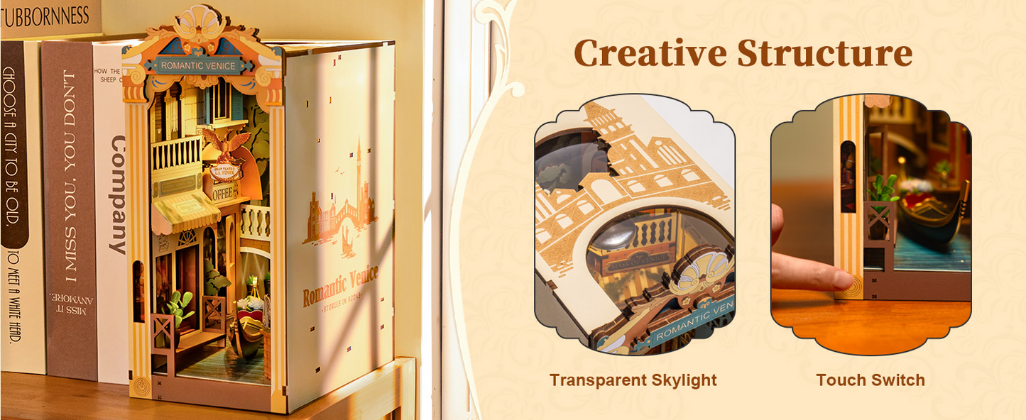 Robotime DIY Book Nook – Romantic Venice with Dust Cover | Wooden 3D Miniature Puzzle Bookend Kit with LED Lights