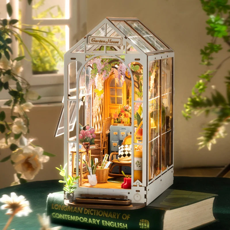 Rolife DIY Book Nook – Holiday Garden House Kit | 3D Wooden Miniature Shelf Insert, Bookend Décor & Gift Idea