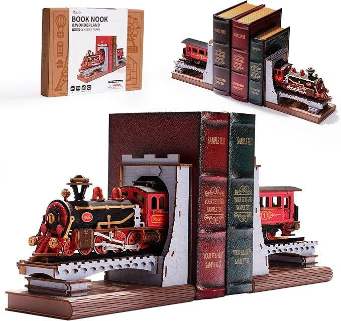 Robotime DIY Book Nook Kit – Century Train Wooden 3D Puzzle Model | Miniature Bookend Bookshelf Decoration & Gift for Adults