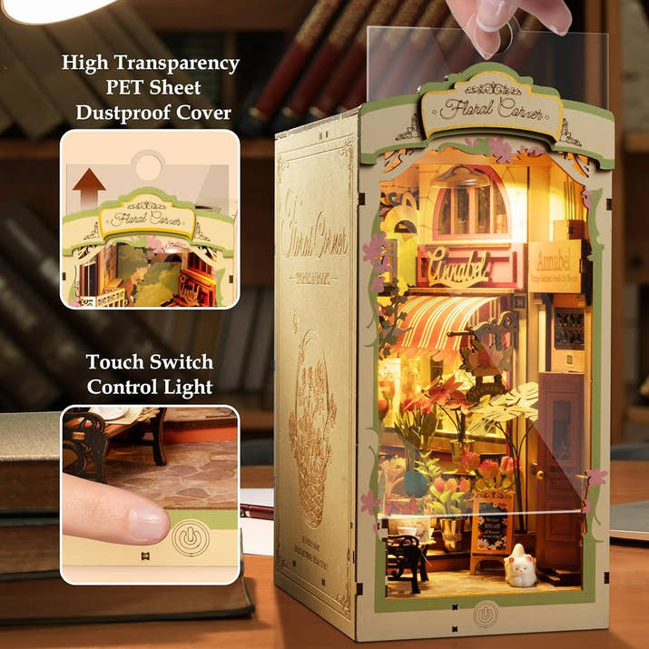 Rolife DIY Book Nook – Floral Corner Shelf Insert Kit | Wooden 3D Miniature Bookend, LED Home Décor & Gift for Readers