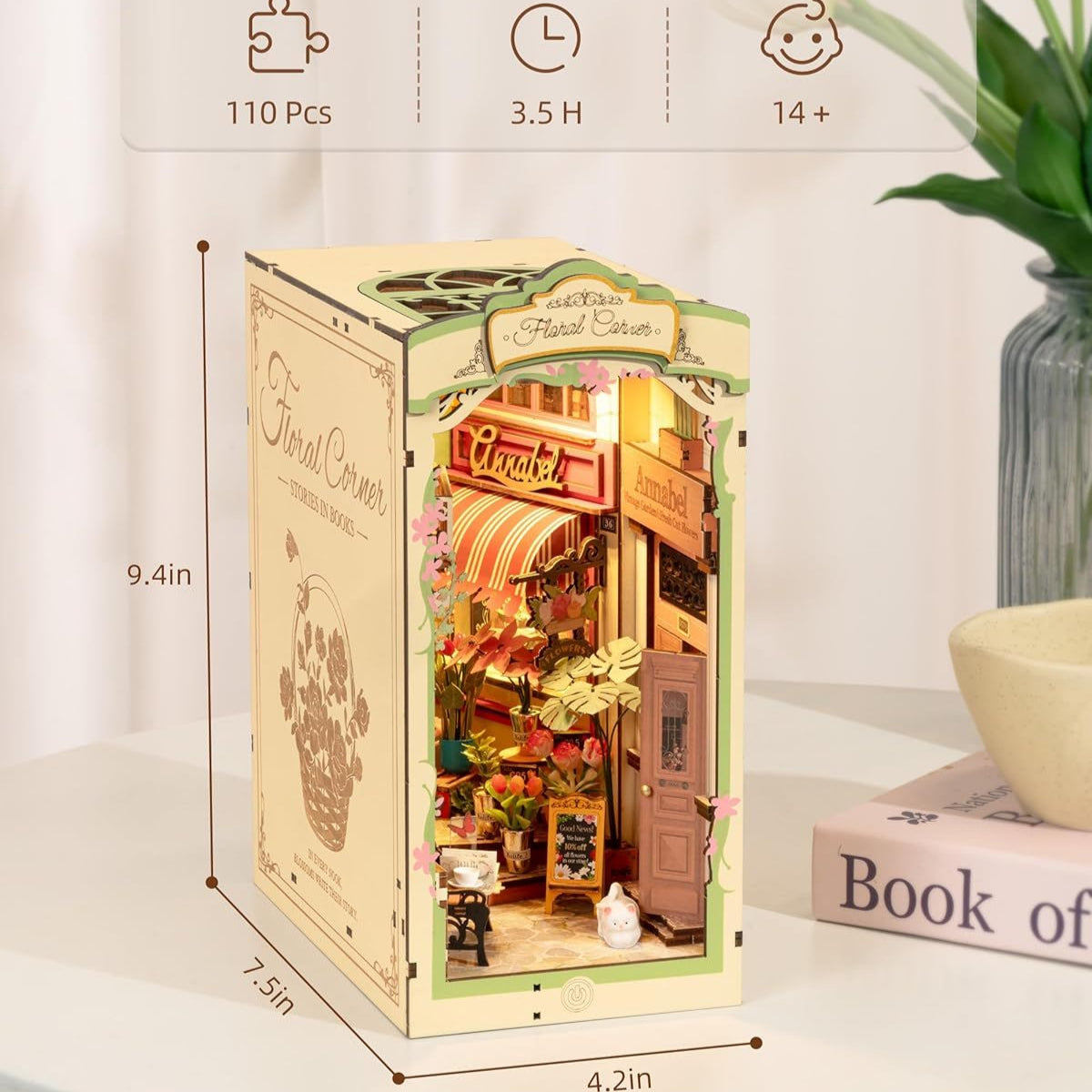 Rolife DIY Book Nook – Floral Corner Shelf Insert Kit | Wooden 3D Miniature Bookend, LED Home Décor & Gift for Readers