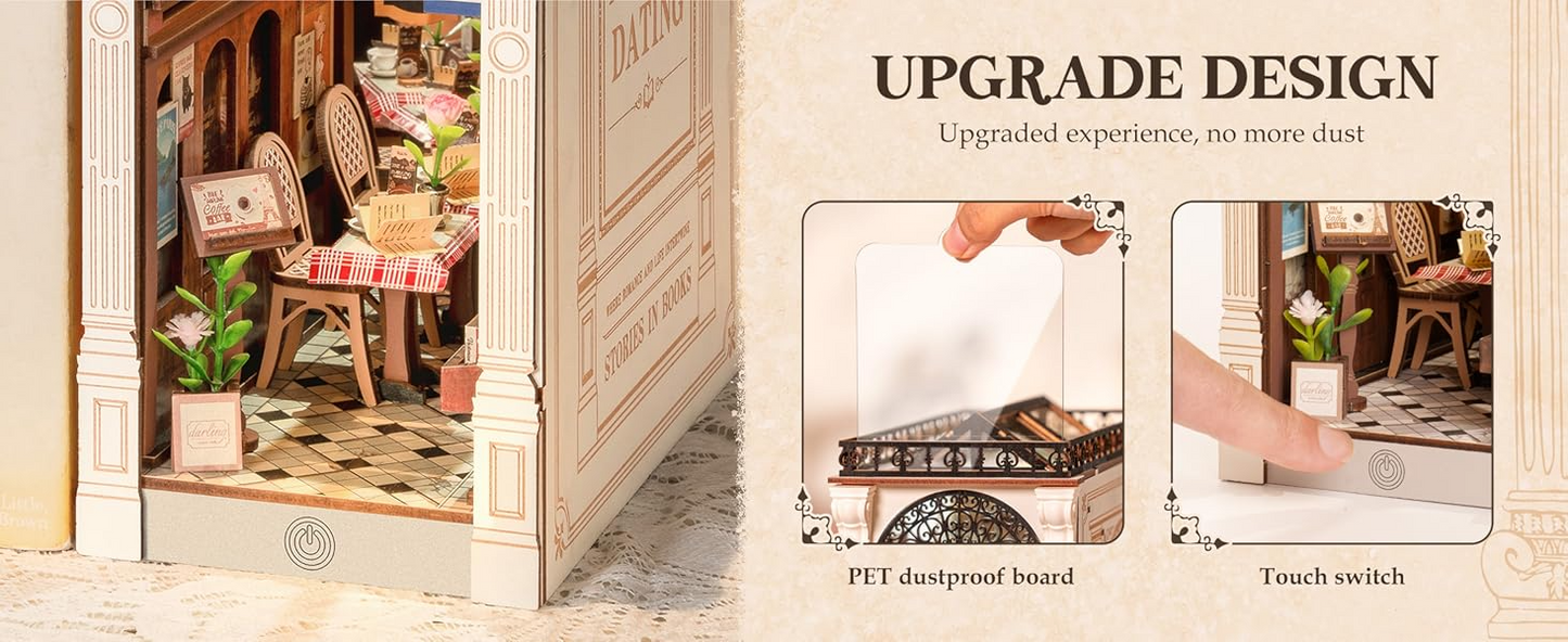 Robotime DIY Book Nook Kit – Arcade Dating Scene with Dust Cover | 3D Wooden Miniature Puzzle, Creative Bookend Gift