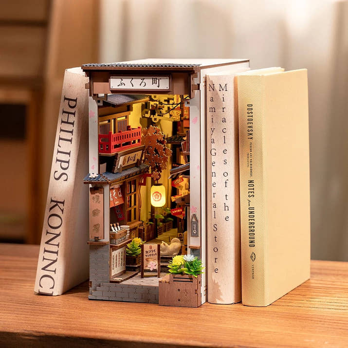Robotime DIY Book Nook Kit – Sakura Wine Alley with LED Lights | 3D Wooden Miniature Bookend Shelf Insert & Creative Gift